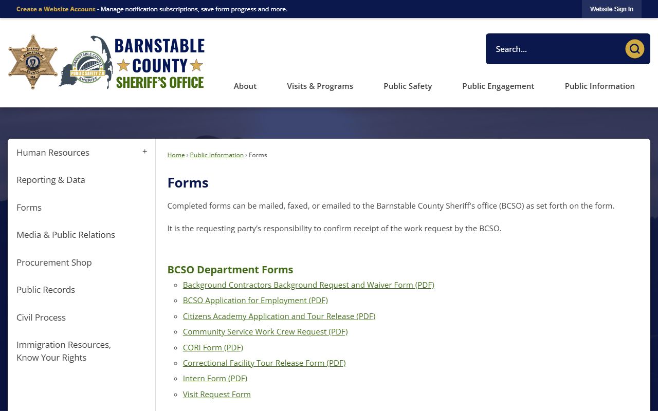 Barnstable County sheriff forms page related to busted mugshots records