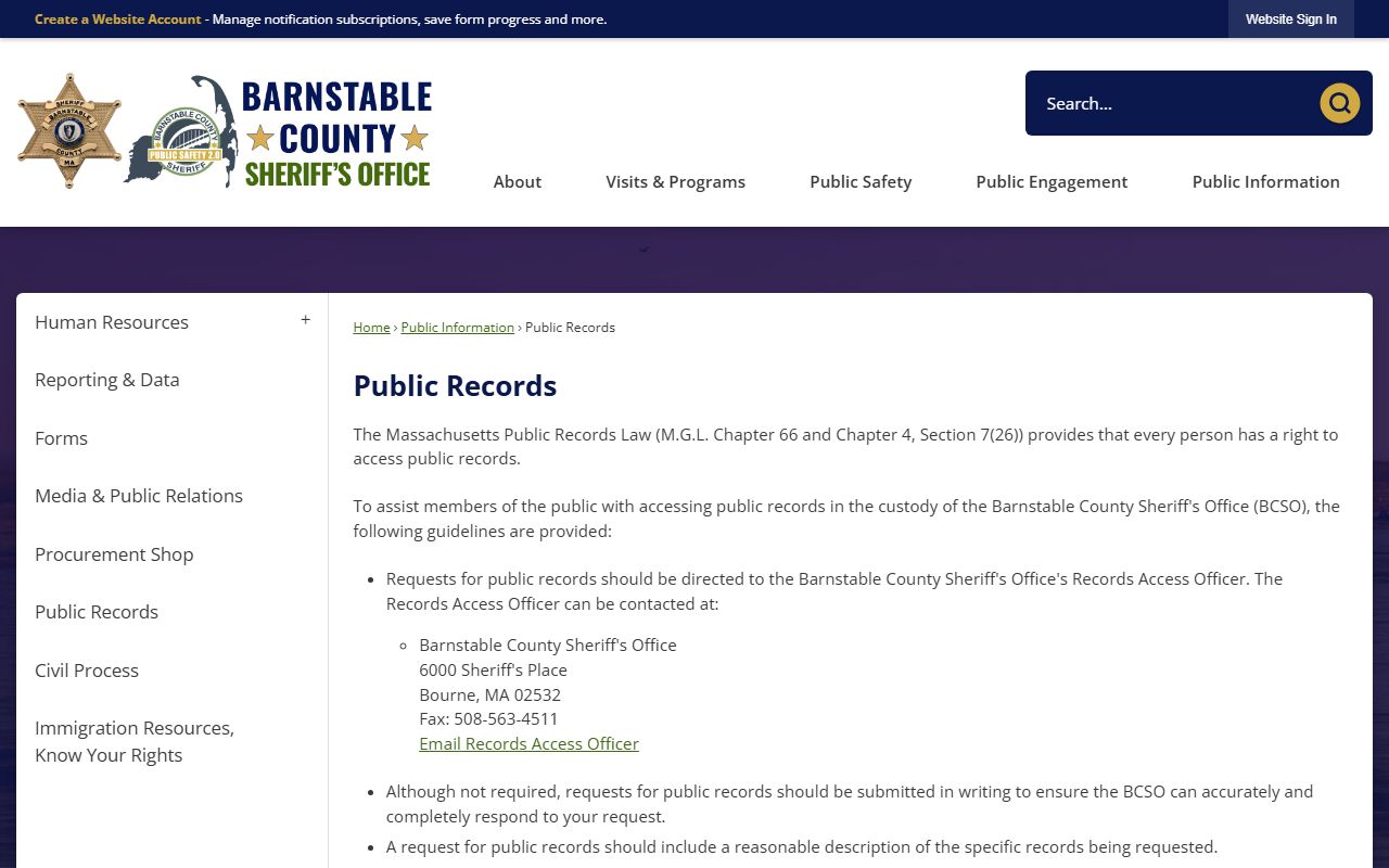 Barnstable County public records request page for busted mugshots