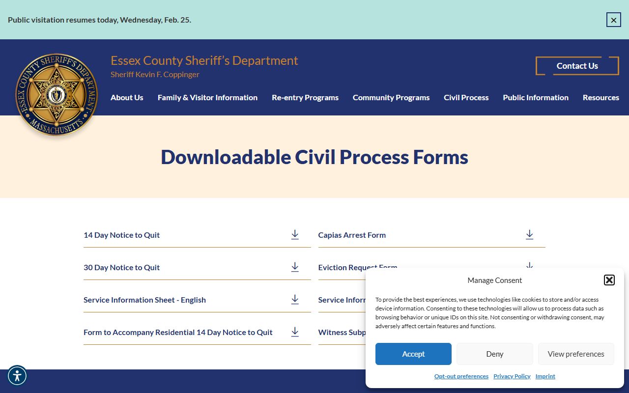 Essex County Sheriff civil process forms page for busted mugshots records