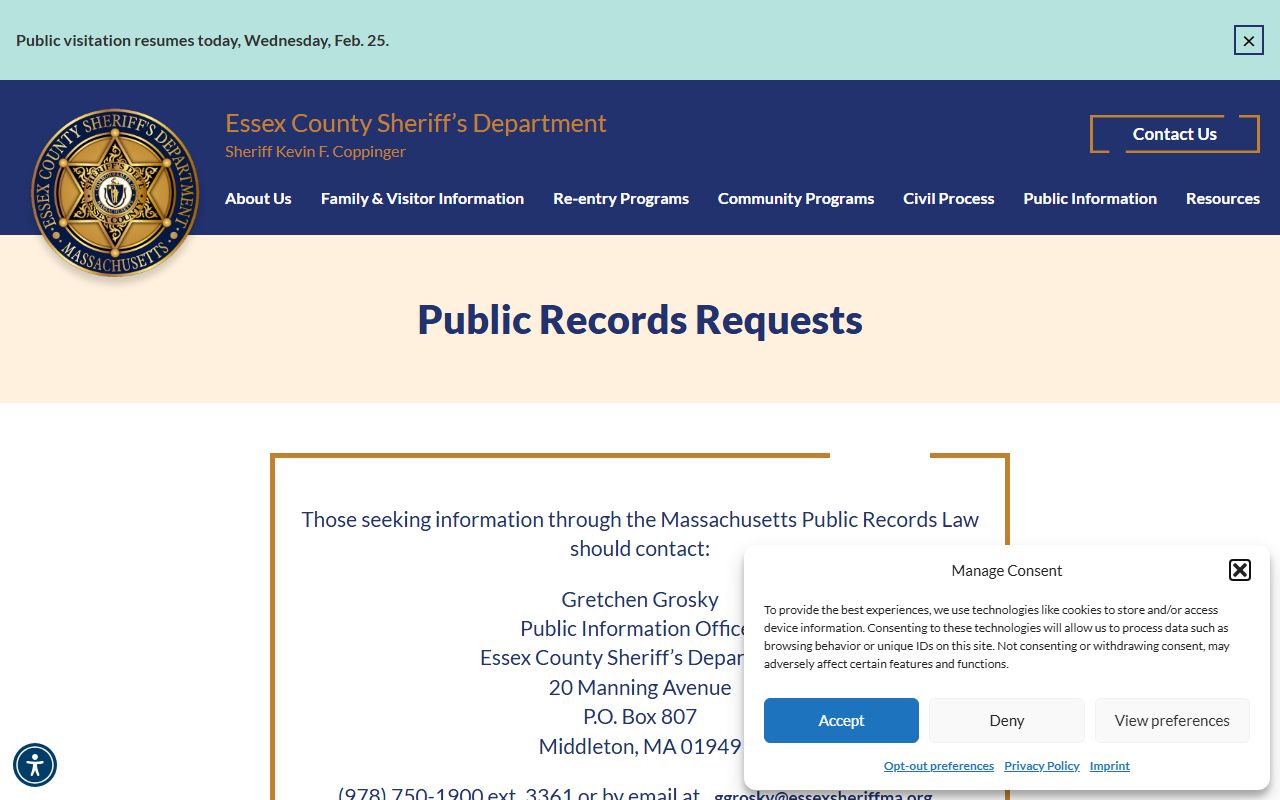 Essex County Sheriff public records request page for busted mugshots