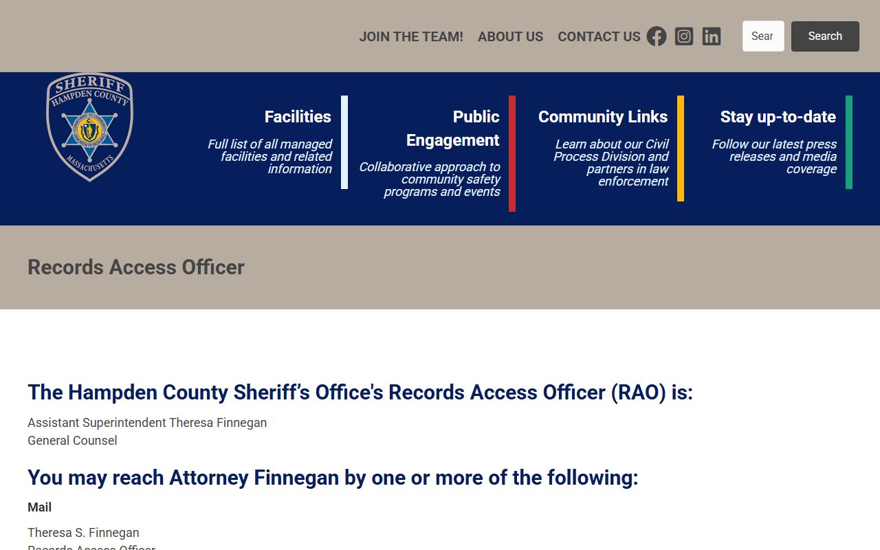 Hampden County records access officer information for busted mugshots requests