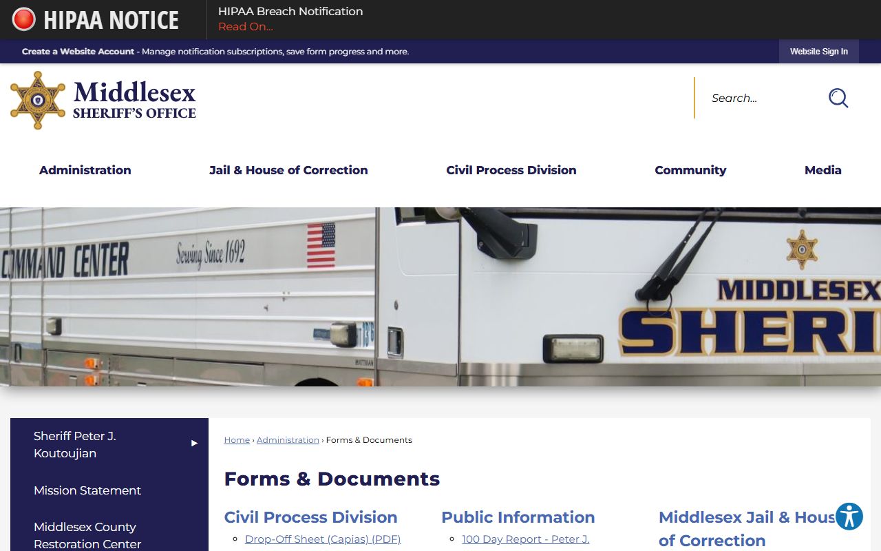 Middlesex County Sheriff forms and documents page for busted mugshots records