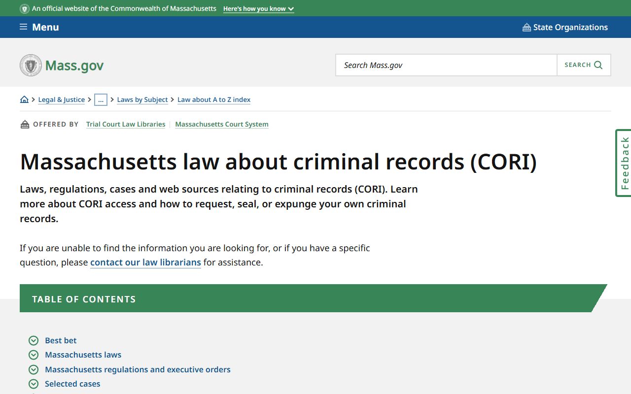Massachusetts CORI law information page for busted mugshots access