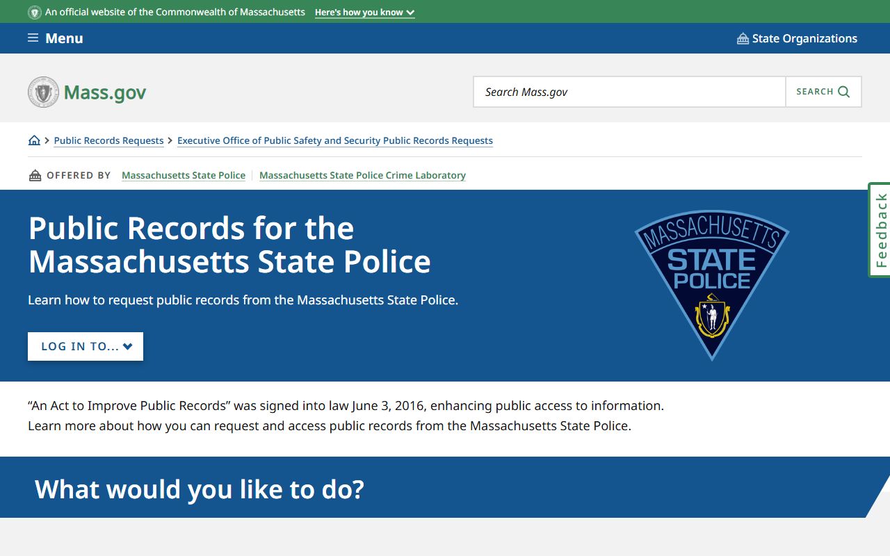 Massachusetts State Police public records page for busted mugshots