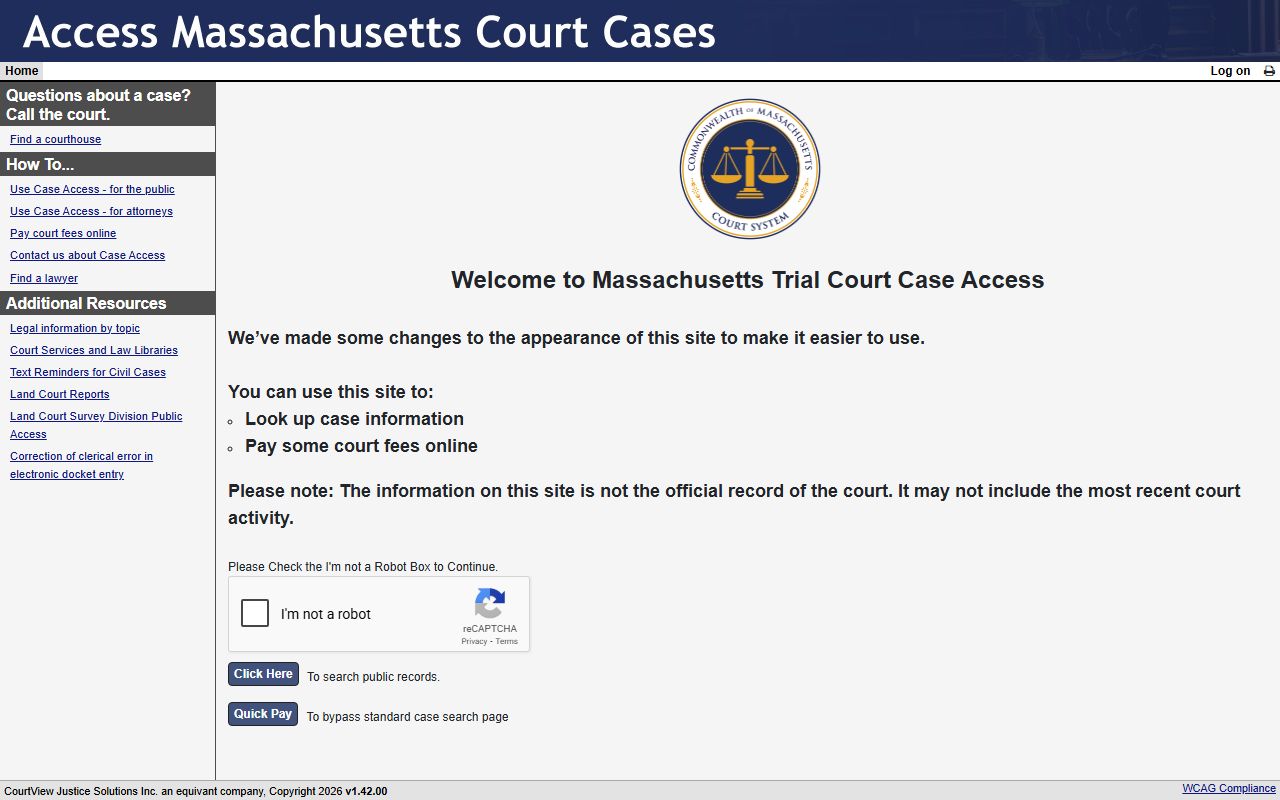 Massachusetts Trial Court case access portal for busted mugshots research